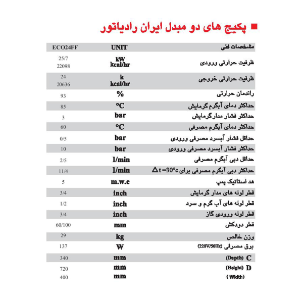 مشخصات فنی پکیج ایران رادیاتور مدل اکو ۲۴ eco24ff-pl