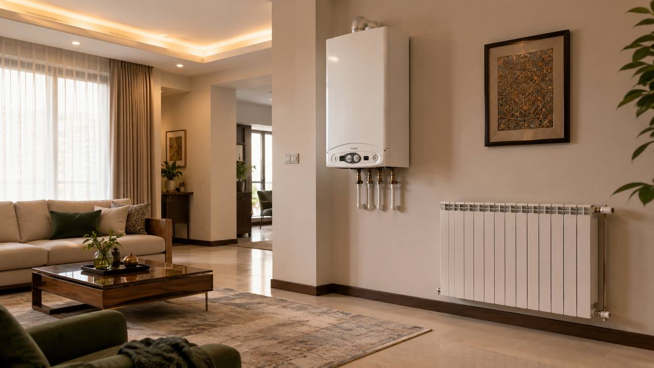 نمای داخلی آپارتمان با پکیج دیواری نصبشده و رادیاتورهای گرمایشی متناسب با متراژ