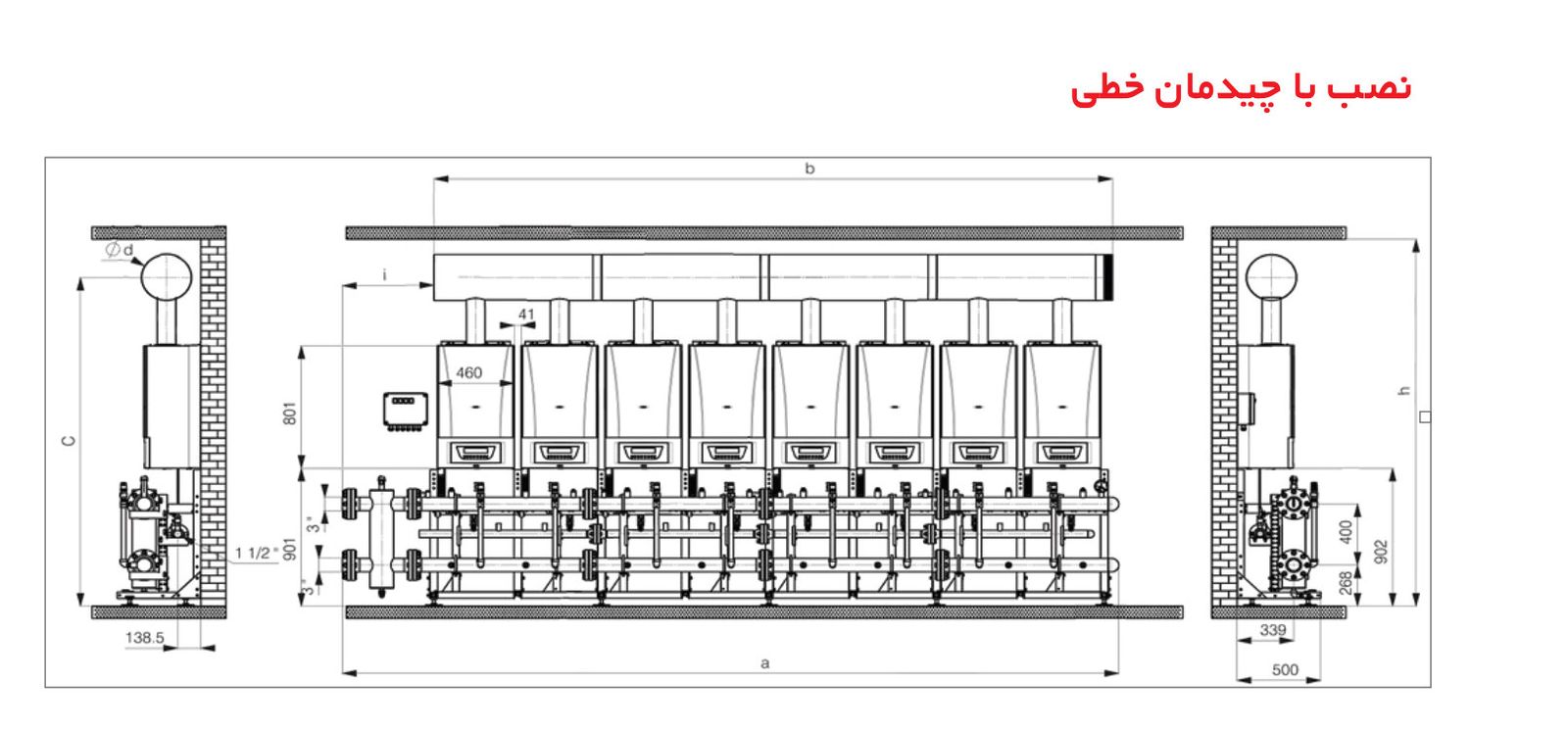نقشه فنی نصب پکیج آبشاری نئوکامفورت شوفاژکار با چیدمان خطی از کاتالوگ رسمی